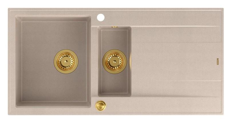 Quadri Luton pearl beige granit överbyggnad 1,5 diskho med avrinningsyta omvändbar 100x50cm med guldplugg 1208971793