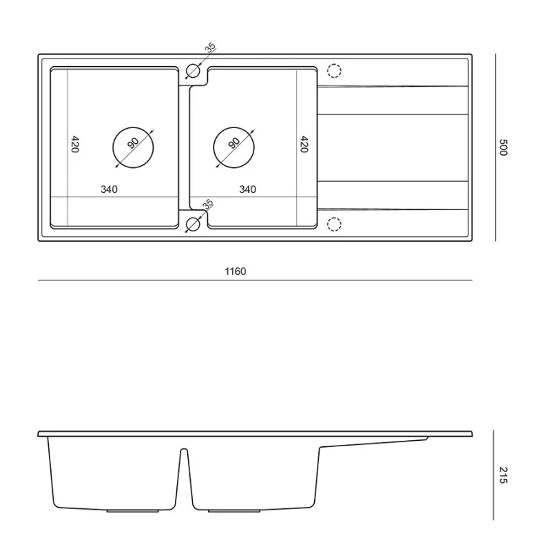 Quadri Luton toppmonterad dubbel granit diskho pärlbeige med avrinningsdel 116x50 cm med kopparplugg 1208971801