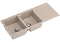 Quadri Luton toppmonterad dubbel granitvask i pärlbeige med avrinningsyta 116x50 cm med rostfritt stålpropp 1208971812