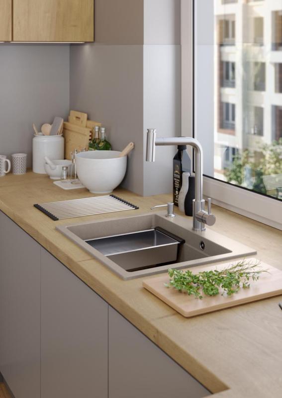 Quadri Durham Pearl Beige granit överbyggnad diskho 595x500 med tvåldispenser, skärbräda, insatsbassäng och rullmatta 1208971814