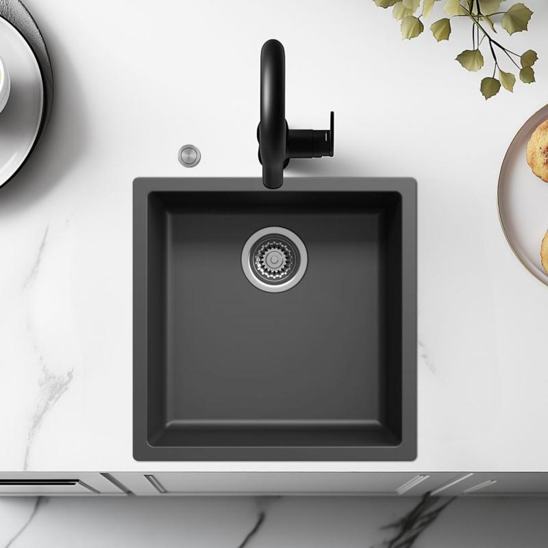 Ausmann Fiber svart diskbänk 40x40cm för undermontering, överbyggnad och plan inbyggnad med automatiskt rostfritt stålplugg 1208971836