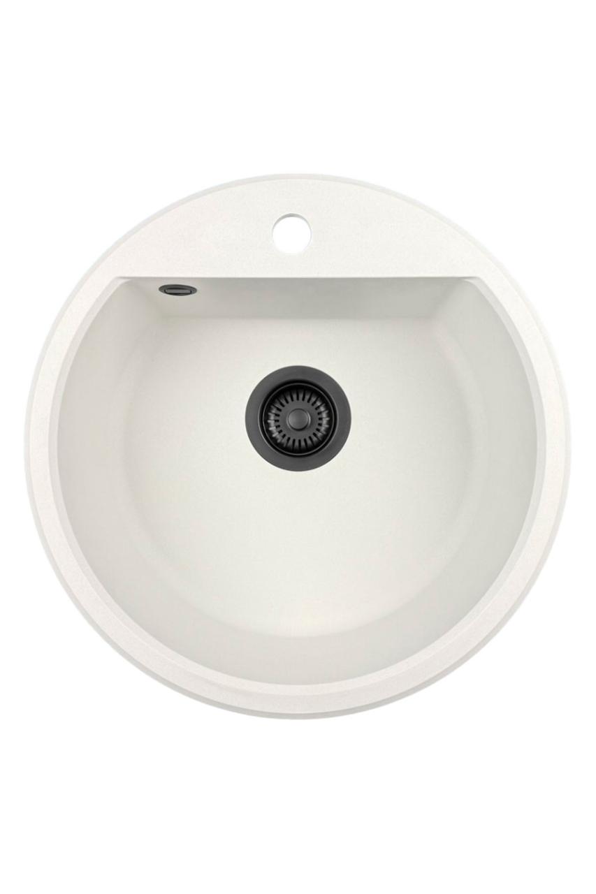 GraniteMy Bremen rund granit diskbänk 43 cm vit, toppmonterad och undermonterad, med kranhålsbänk och automatisk svart plugg 1208971846
