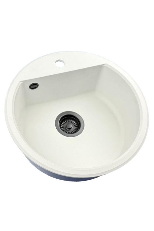 GraniteMy Bremen rund granit diskbänk 43 cm vit, toppmonterad och undermonterad, med kranhålsbänk och automatisk svart plugg 1208971846