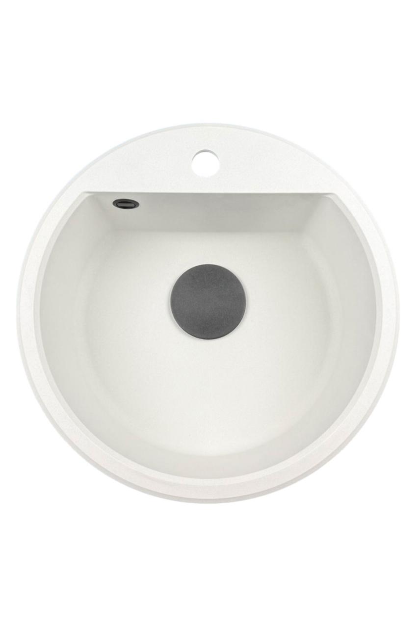 GraniteMy Bremen rund granit diskbänk 43 cm vit, toppmonterad och undermonterad, med kranhålsbänk och automatisk svart plugg 1208971846