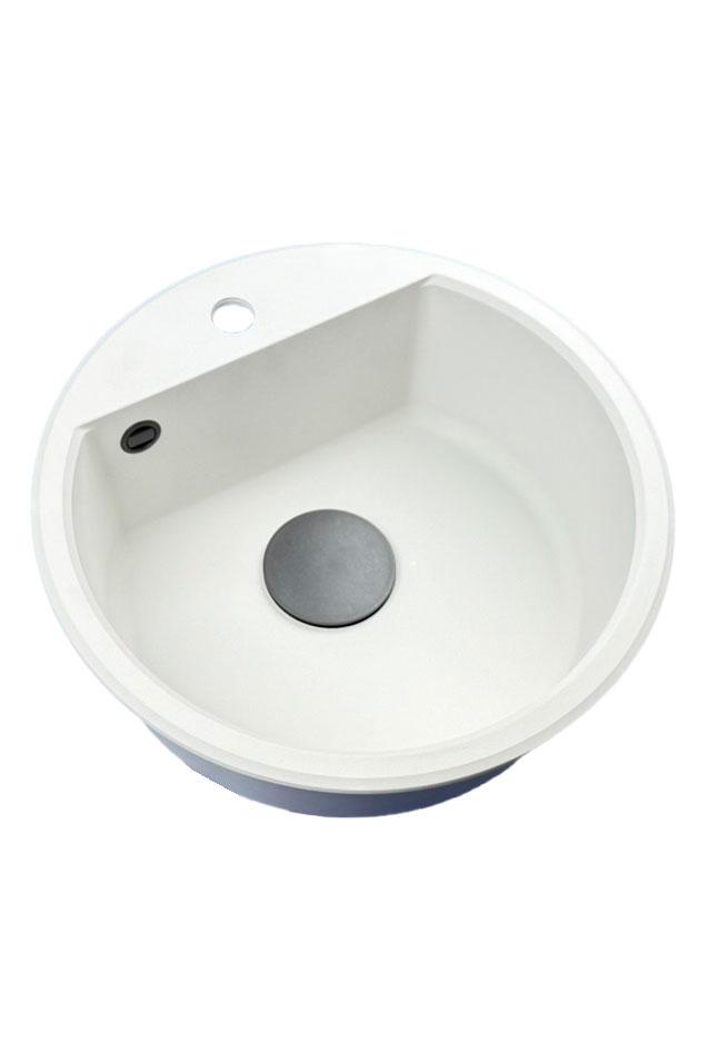 GraniteMy Bremen rund granit diskbänk 43 cm vit, toppmonterad och undermonterad, med kranhålsbänk och automatisk svart plugg 1208971846