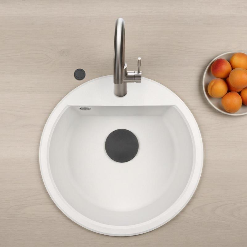 GraniteMy Bremen rund granit diskbänk 43 cm vit, toppmonterad och undermonterad, med kranhålsbänk och automatisk svart plugg 1208971846