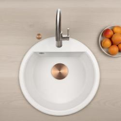 GraniteMy Bremen runda granit diskbänk 43 cm vit, överbyggnad och underbyggnad, med kranhålsbänk och automatisk kopparplugg 1208971847