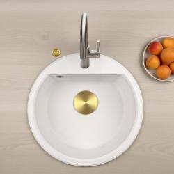 GraniteMy Bremen rund granitskål 43 cm vit, för uppsättning och undermontering, med kranhålsbänk och automatisk guldplugg 1208971848