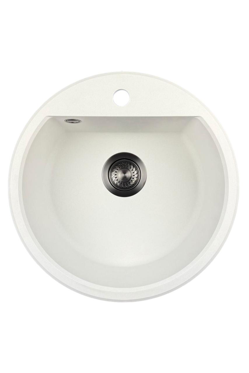 GraniteMy Bremen rund granit diskbänk 43 cm vit, överbyggnad och underbyggnad, med kranhålsbänk och automatisk gun metal plugg 1208971849