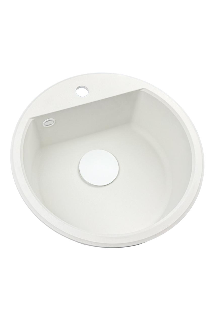 GraniteMy Bremen rund granit diskbänk 43 cm vit, överbyggnad och underbyggnad, med kranhålsbänk och automatisk vit plugg 1208971850