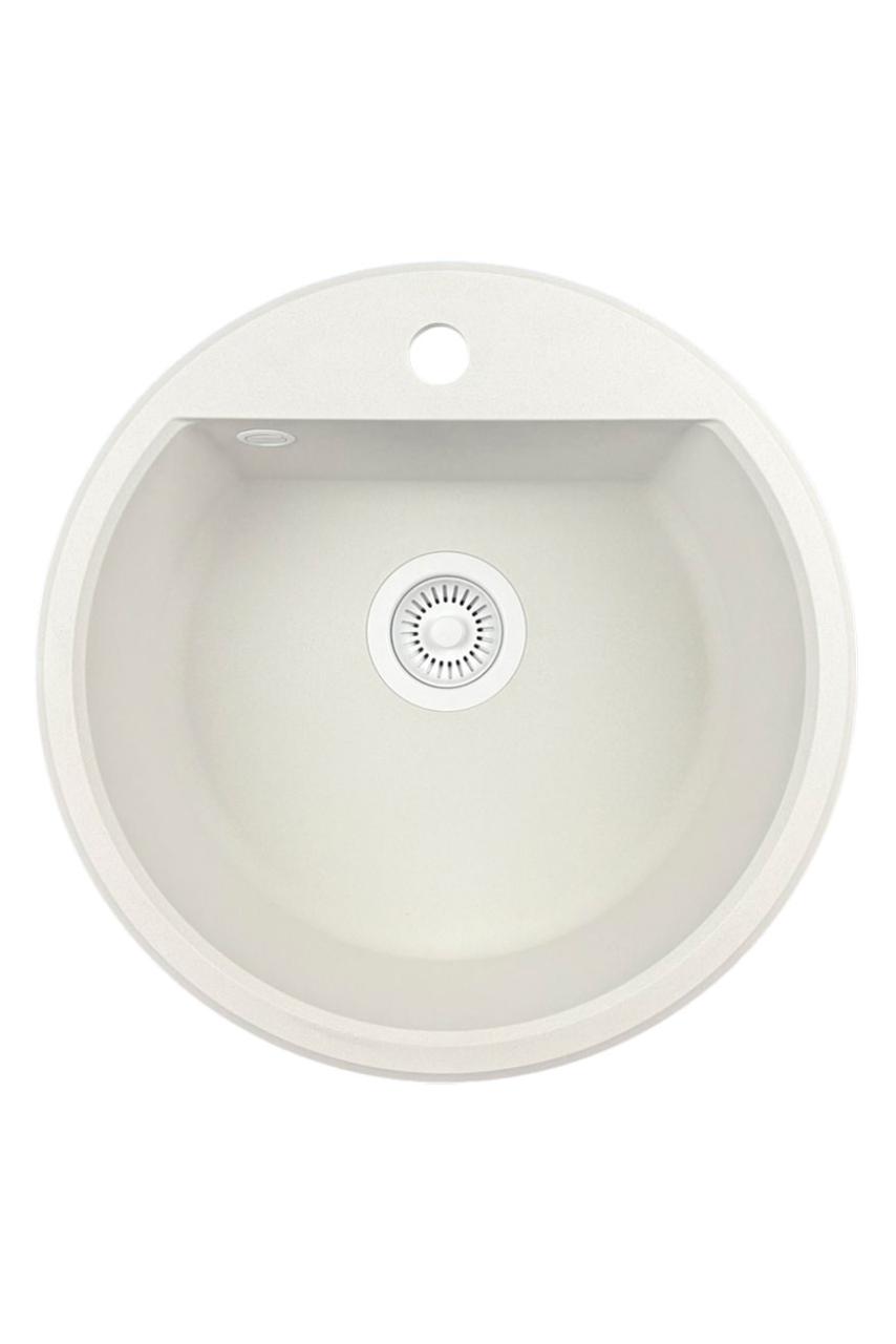 GraniteMy Bremen rund granit diskbänk 43 cm vit, överbyggnad och underbyggnad, med kranhålsbänk och automatisk vit plugg 1208971850