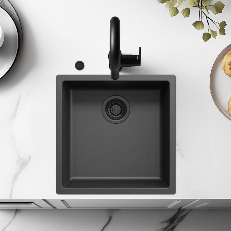 Ausmann Fiber svart diskho 40x40cm för undermontering, överbyggnad och plan byggnad med automatisk svart plugg 1208971851