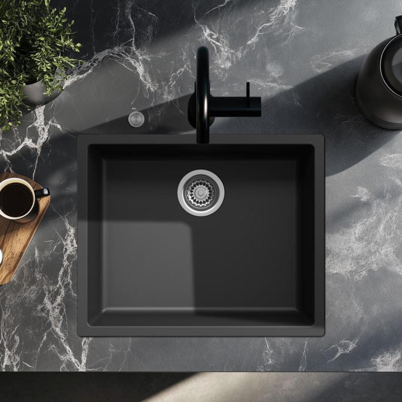 Ausmann Fiber svart diskbänk 50x40cm för undermontering, toppmontering och planmontering med automatisk rostfri plugg 1208971855