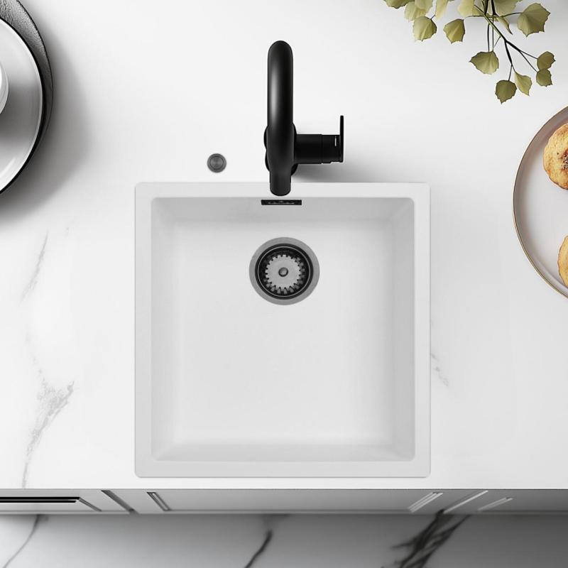 Ausmann Fibre vit diskbänk 40x40cm underbyggnad, överbyggnad och planinbyggnad med automatisk gun metal plugg 1208971895