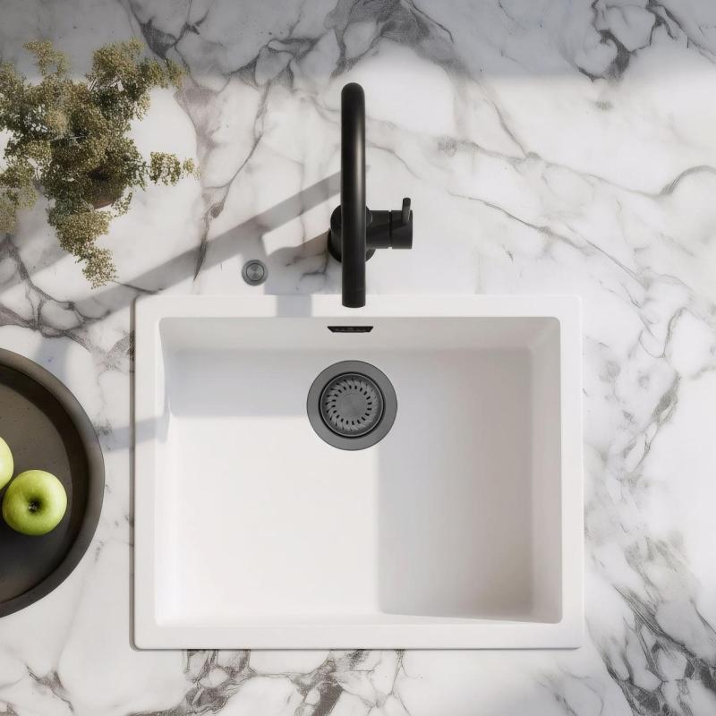 Ausmann Fiber vit diskbänk 50x40cm undermonterad, övermonterad och slät inbyggd med automatisk gun metal plugg 1208971902