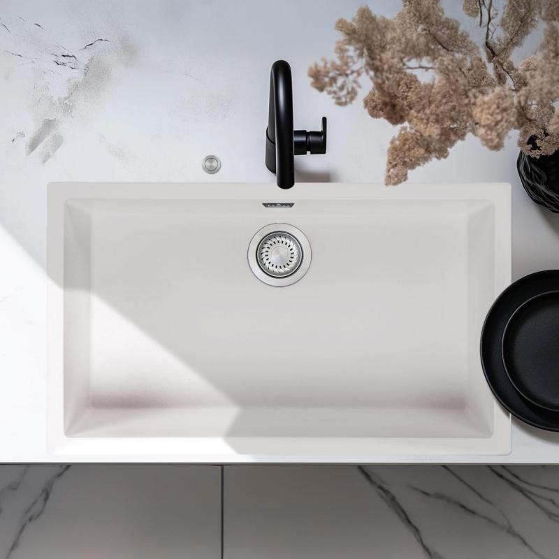 Ausmann Fibre vit stor diskho 70x40cm underbyggnad, påbyggnad och plan inbyggnad med automatisk rostfritt stål plugg 1208971904