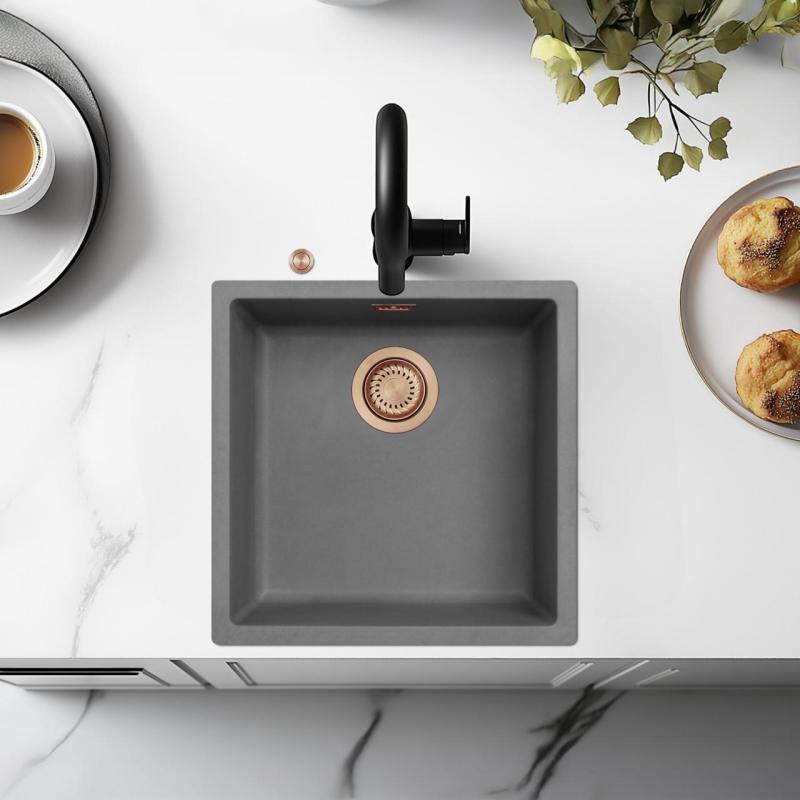 Ausmann Fiber betong grå diskho 40x40cm för undermontering, överbyggnad och plan inbyggnad med automatisk kopparplugg 1208971912