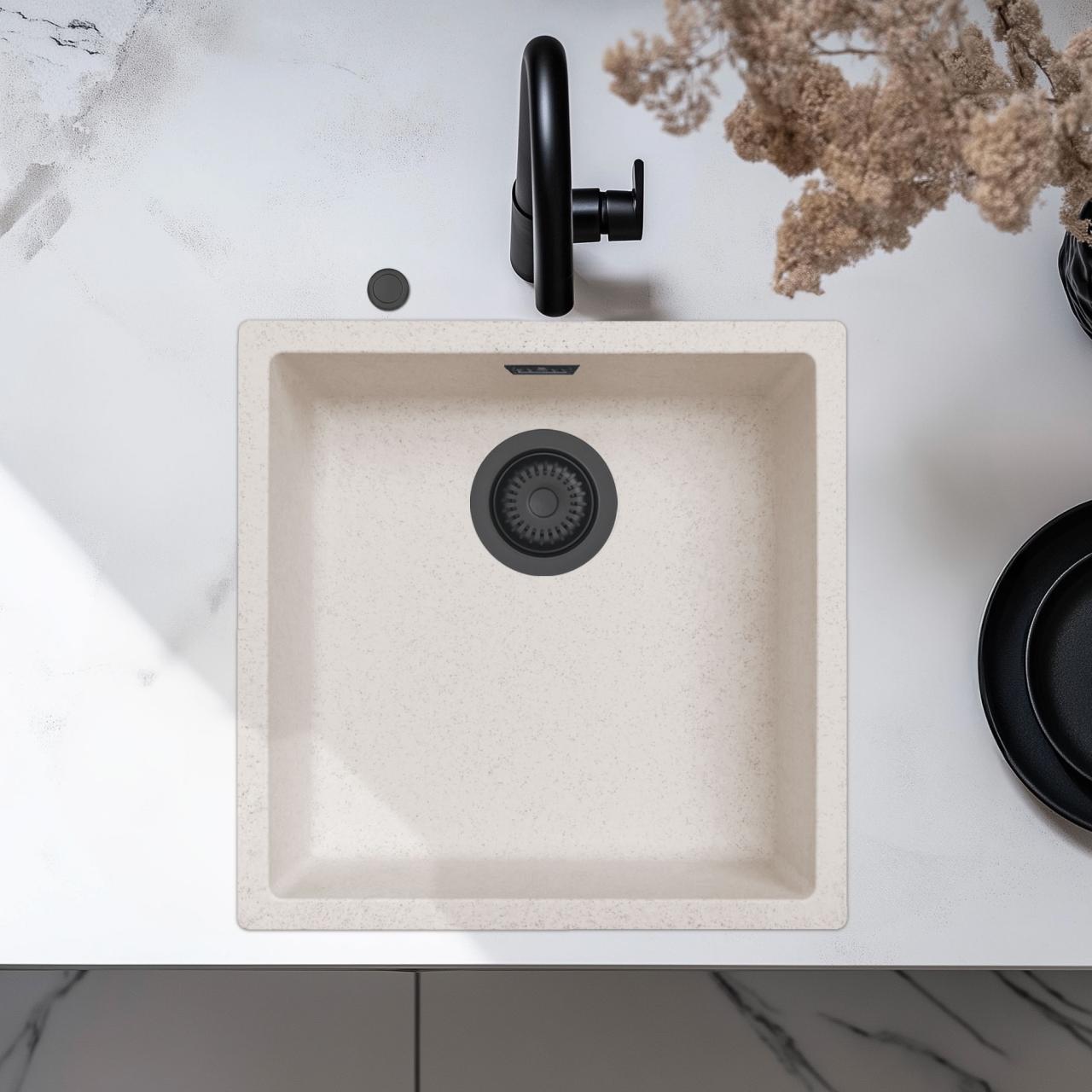 Ausmann Fiber sand vit diskho 40x40cm underbyggnad, överbyggnad och plan inbyggnad med automatisk svart plugg 1208971926