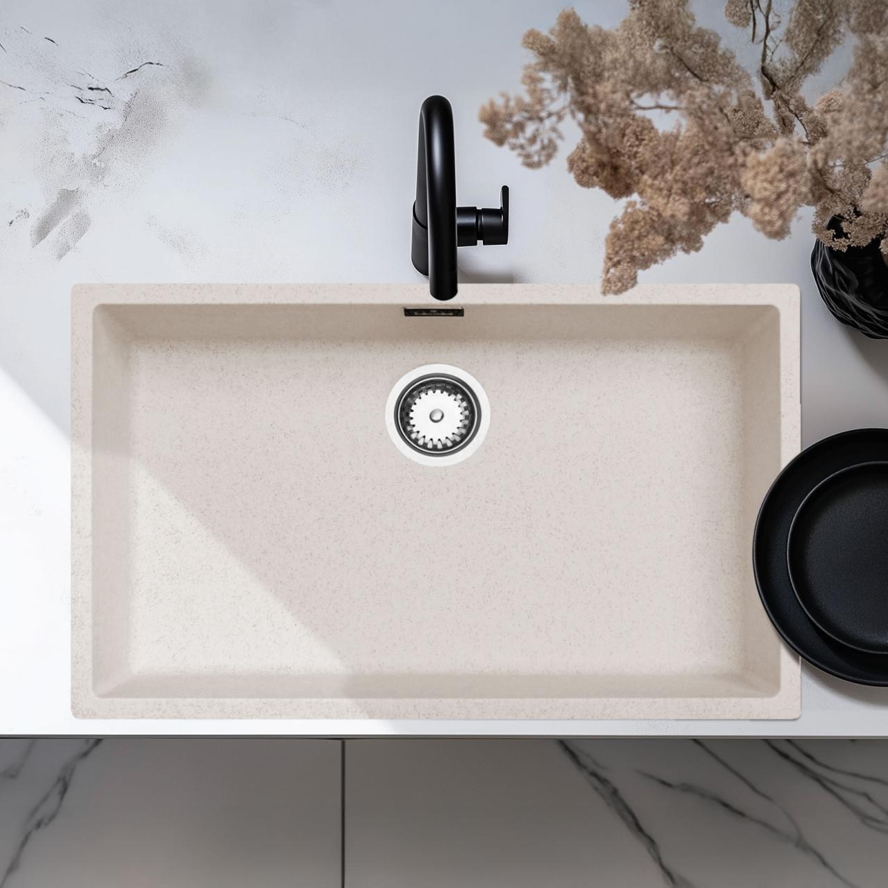 Ausmann Fiber sand vit stor diskbänk 70x40cm underbyggnad, överbyggnad och plan inbyggnad med automatisk RVS plugg 1208971935