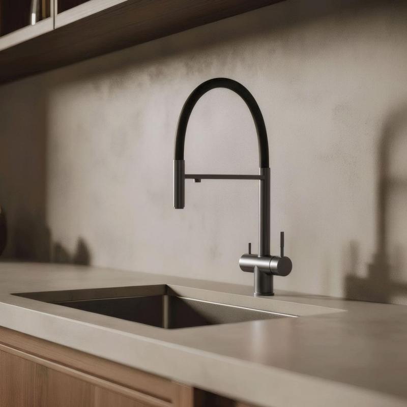 Pure.Sink Elite Steel Flex 3-vägs PVD gun metal kökskran med flexibel utlopp och Filtrerat vatten PS8110-61