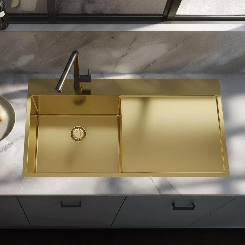 Pure.Sink Exclusivo Guldfärgat diskho med avrinningsdel 100x52 cm Kranvingen vänster PEX47100LT-60