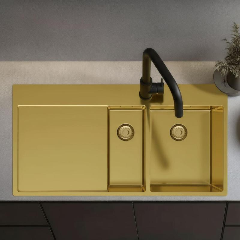 Pure.Sink Exclusivo Guldfärgad 1,5  diskho med avrinningsyta 100x52 cm Kranvinge höger PEX3418100RT-60