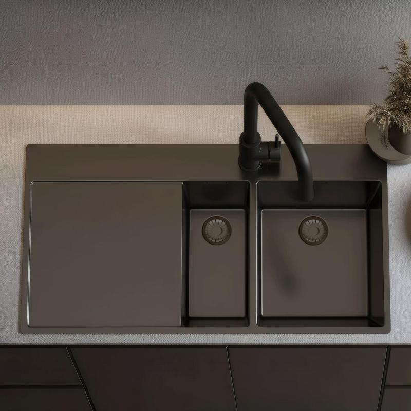 Pure.Sink Exclusivo Gun metal 1,5  diskho med avrinningsdel 100x52 cm Kranvinge höger PEX3418100RT-61