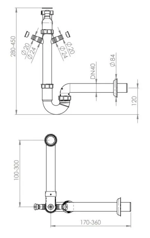 Pure.Sink Universal Siphon platsbesparande diskbänkssifon för köket med 2 diskmaskinsanslutningar WSTSSI-32