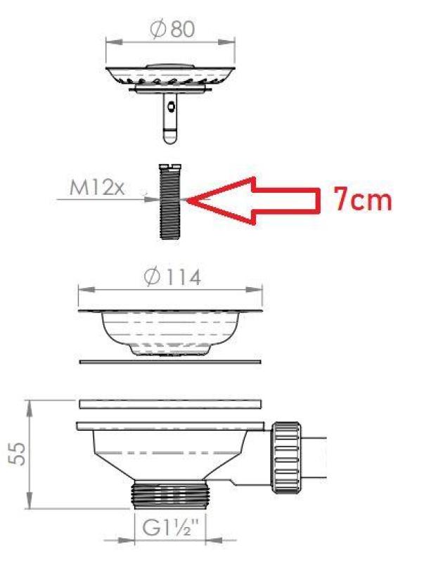 Pure.Sink Universal Ihålig skruv 7 cm M12x70 mm för förlängning av korgpluggset för tjocka material WSTSCW-02
