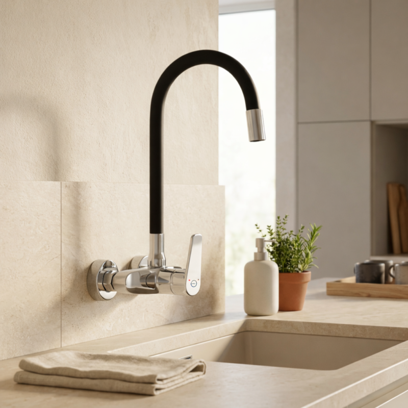 Aquanello Casa Väggmonterad köksblandare i krom med hög flexibel pip CR-1301-CS