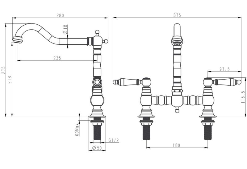 Aquanello Heritage Manor Klassisk kök Nostalgisk bro Kökskran Krom med vit handtag CR-0010-HM