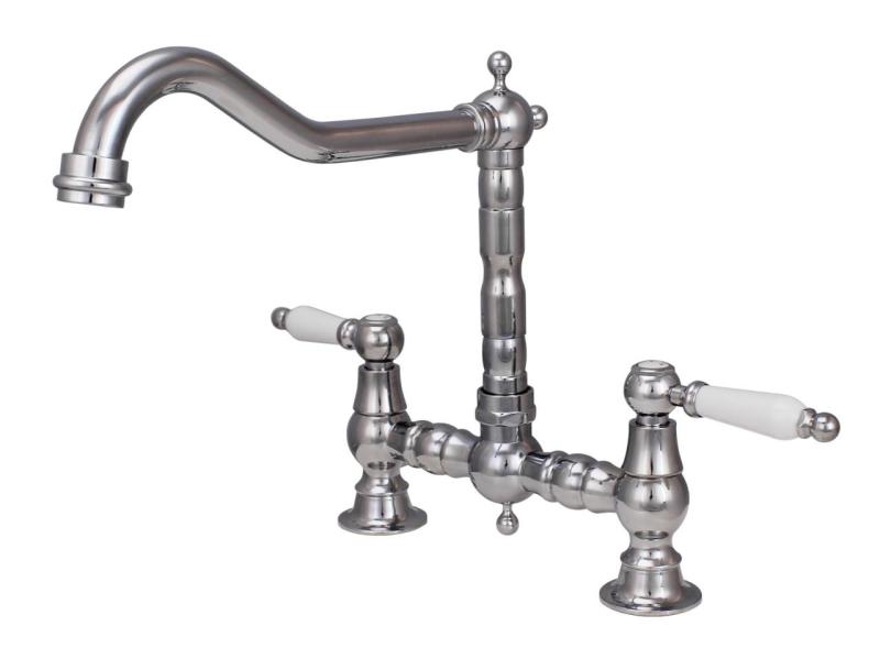 Aquanello Heritage Manor Klassisk kök Nostalgisk bro Kökskran Krom med vit handtag CR-0010-HM