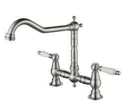Aquanello Heritage Manor Klassisk köksblandare i rostfritt stål med vit spak i nostalgisk brodesign NB-0010-HM