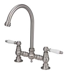 Aquanello Heritage Manor Klassisk kök Nostalgisk bro Kökskran i rostfritt stål med vit handtag och rund utlopp NB-4001-HA