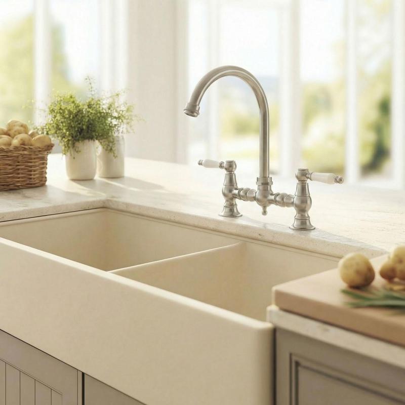 Aquanello Heritage Manor Klassisk kök Nostalgisk bro Kökskran i rostfritt stål med vit handtag och rund utlopp NB-0011-HM