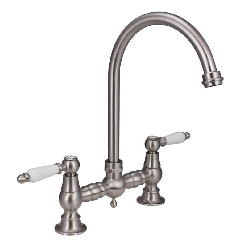 Aquanello Heritage Manor Klassisk kök Nostalgisk bro Kökskran i rostfritt stål med vit handtag och rund utlopp NB-4001-HA