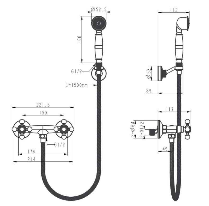 Aquanello Heritage Ascot Klassisk duschbatteri med stjärnknappar i rostfritt stål inklusive handdusch NB-2002-HA