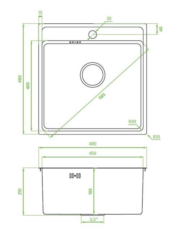Aquadesign Plana Rostfritt stål, påbyggnadsdiskho 48 x 49 cm med kranhål, inklusive sifon och Clickclack-avtappningsplugg 1208972559