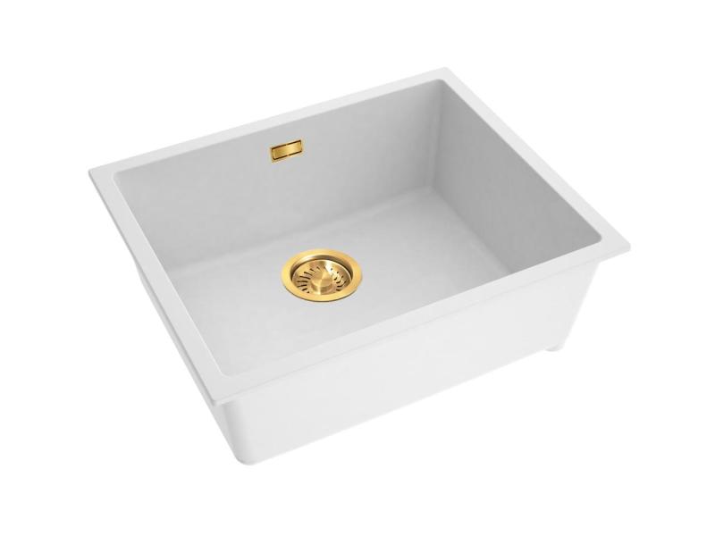 Pure.Sink Eternal Quartz vit diskho 50x40 cm, för infälld montering och undermontering, med guldfärgad avloppsplugg