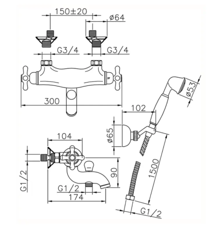 Huber Croisette Badtermostatkran med handduschset Krom CSD2701021